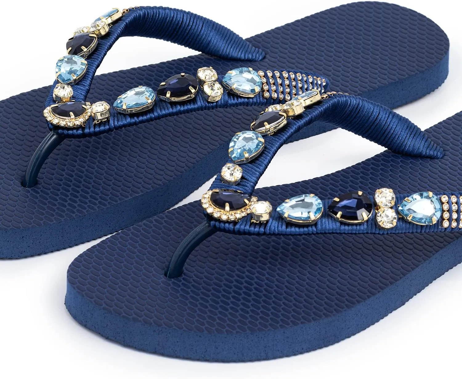 Flurrty Women's Sandals Rhinestones Flip Flops Hand Made From Brazil Jeweled Sandals - 6-10 Sizes Blue Navy Summer Casual Beach Flat with Multicolor - Copacabana