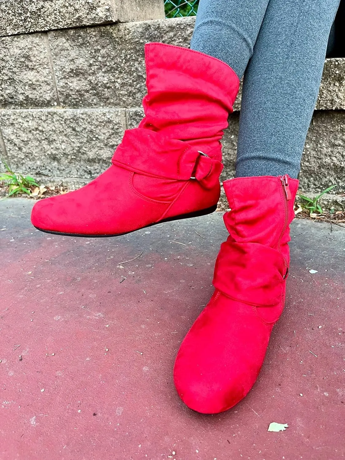 Forever Link Women's Fashion Mid Calf Flat Heel Side Zipper Slouch Boots Booties