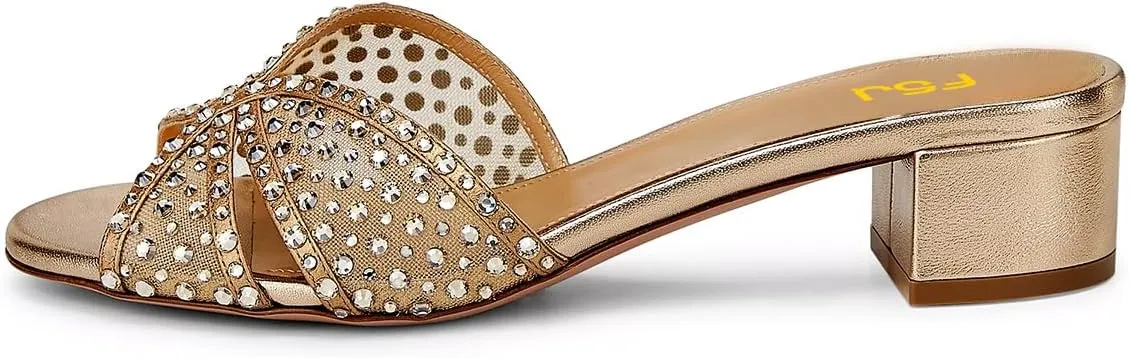 FSJ Women Low Block Heeled Mules Open Toe Rhinestone Slide Sandals Mesh Sparkling Crystal Comfortable Vacation Shoes Size 4-16 US