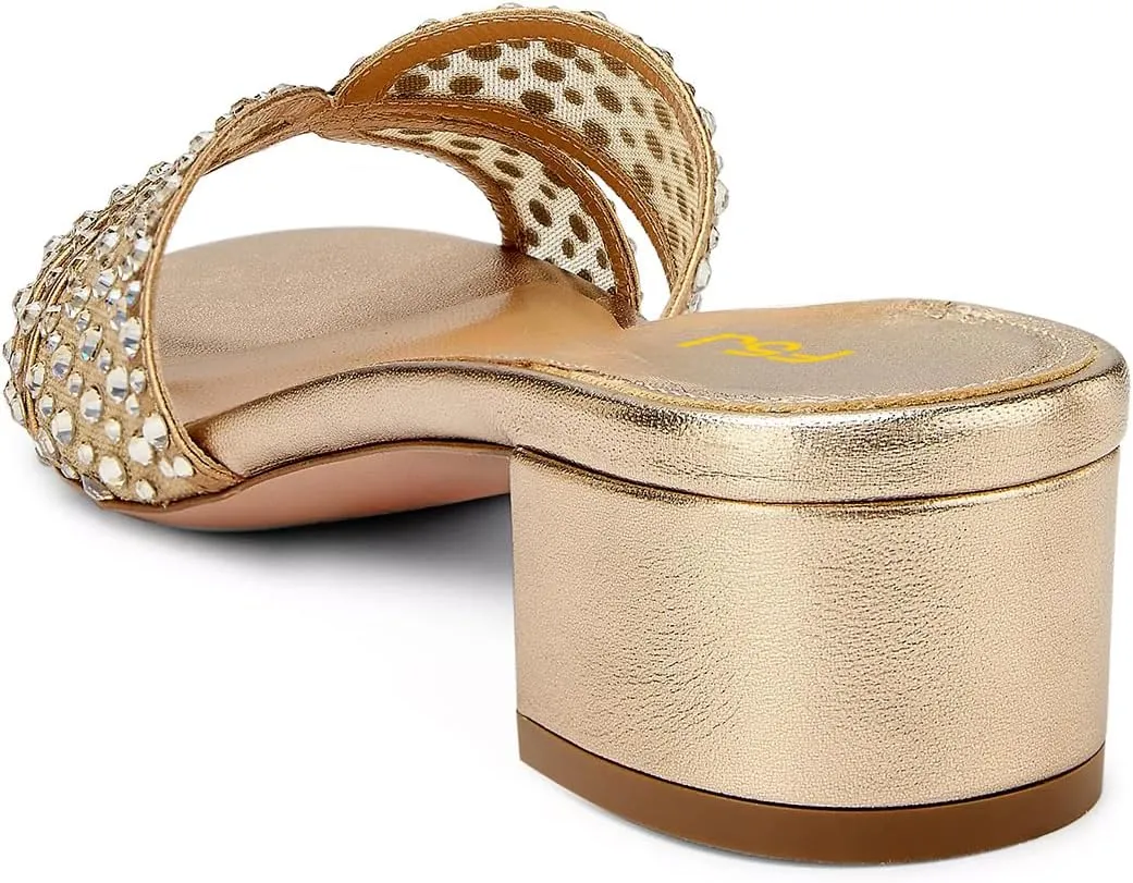 FSJ Women Low Block Heeled Mules Open Toe Rhinestone Slide Sandals Mesh Sparkling Crystal Comfortable Vacation Shoes Size 4-16 US