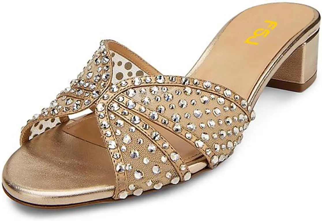 FSJ Women Low Block Heeled Mules Open Toe Rhinestone Slide Sandals Mesh Sparkling Crystal Comfortable Vacation Shoes Size 4-16 US