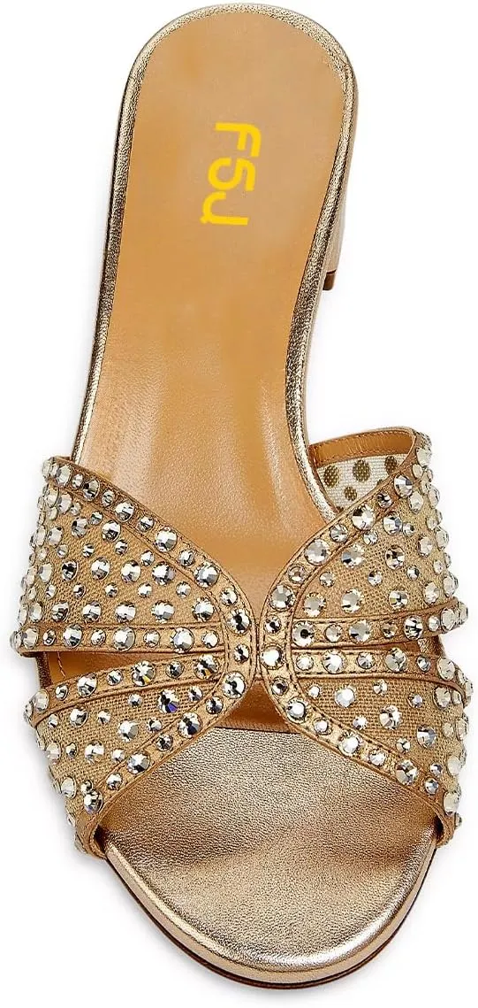 FSJ Women Low Block Heeled Mules Open Toe Rhinestone Slide Sandals Mesh Sparkling Crystal Comfortable Vacation Shoes Size 4-16 US