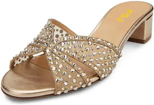 FSJ Women Low Block Heeled Mules Open Toe Rhinestone Slide Sandals Mesh Sparkling Crystal Comfortable Vacation Shoes Size 4-16 US