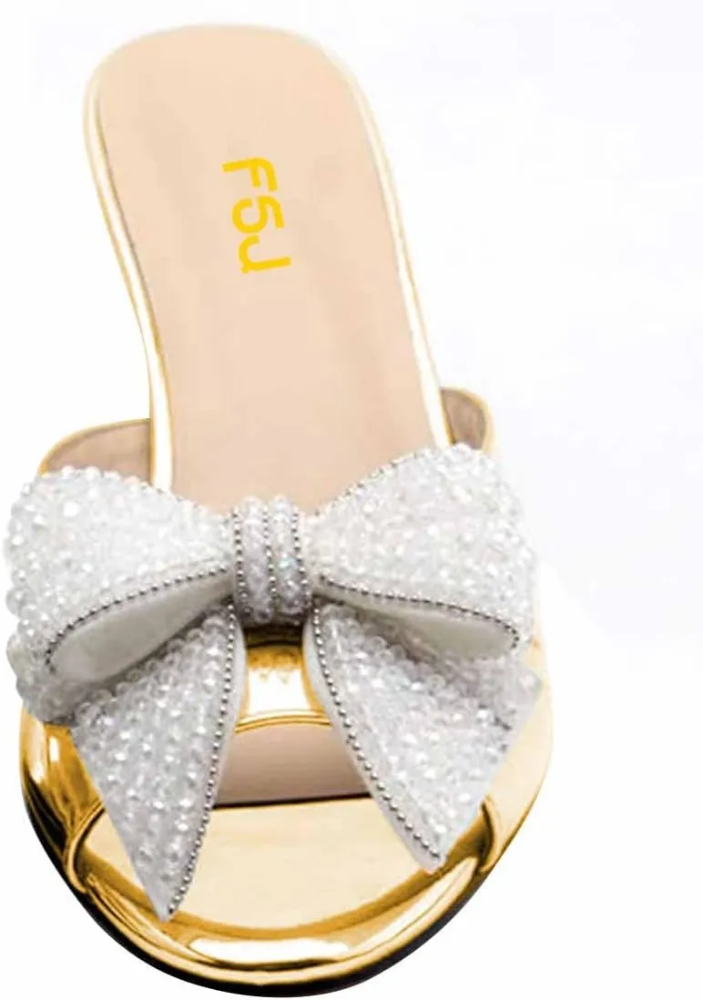 FSJ Women Rhinestone Bow Low Heel Mule Sandals Peep Toe Crystal Block Heel Slipper Shoes for Comfort Wedding Slides Size 4-16 US