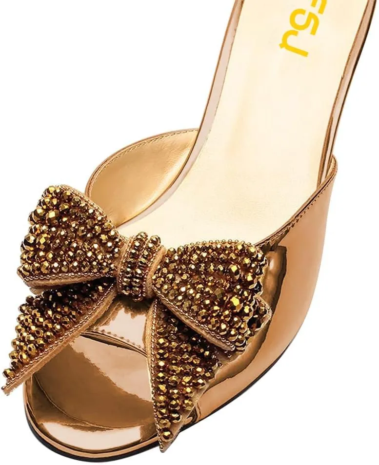 FSJ Women Rhinestone Bow Low Heel Mule Sandals Peep Toe Crystal Block Heel Slipper Shoes for Comfort Wedding Slides Size 4-16 US