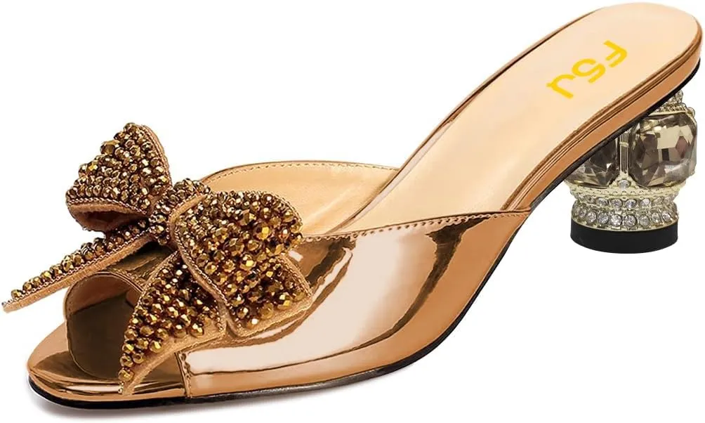 FSJ Women Rhinestone Bow Low Heel Mule Sandals Peep Toe Crystal Block Heel Slipper Shoes for Comfort Wedding Slides Size 4-16 US