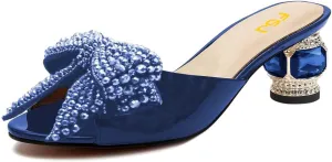 FSJ Women Rhinestone Bow Low Heel Mule Sandals Peep Toe Crystal Block Heel Slipper Shoes for Comfort Wedding Slides Size 4-16 US