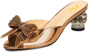 FSJ Women Rhinestone Bow Low Heel Mule Sandals Peep Toe Crystal Block Heel Slipper Shoes for Comfort Wedding Slides Size 4-16 US