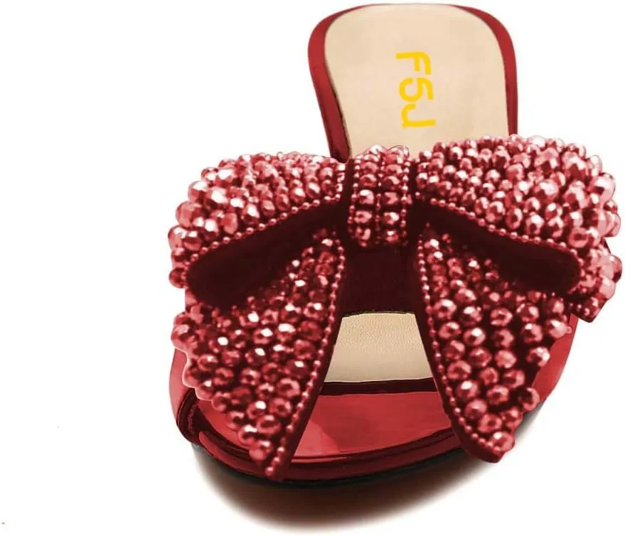 FSJ Women Rhinestone Bow Low Heel Mule Sandals Peep Toe Crystal Block Heel Slipper Shoes for Comfort Wedding Slides Size 4-16 US