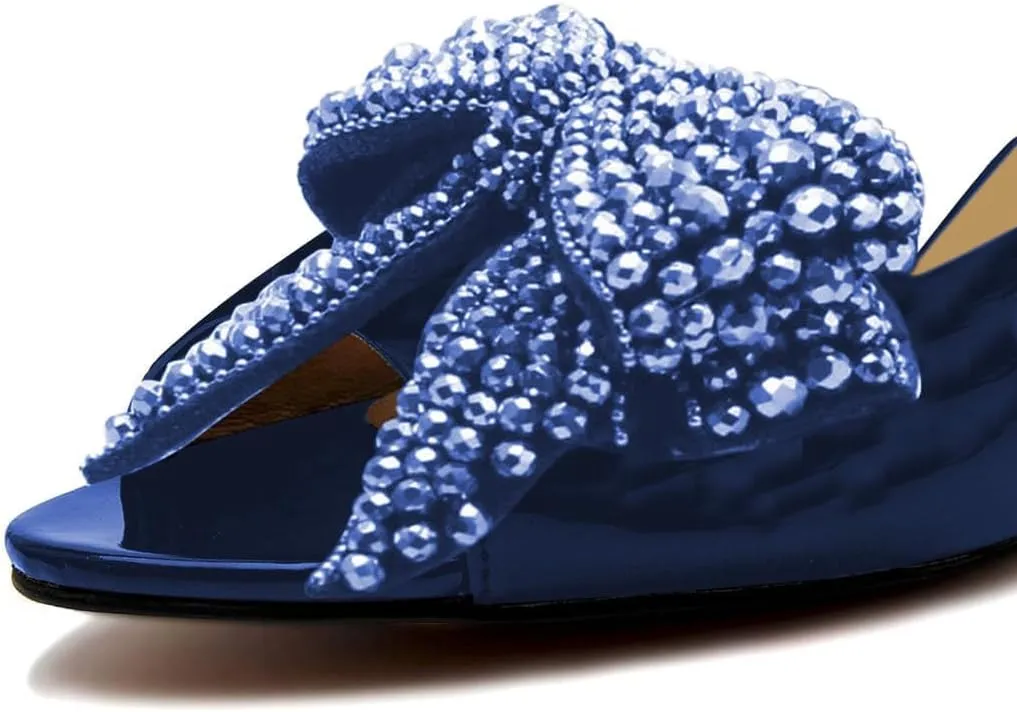 FSJ Women Rhinestone Bow Low Heel Mule Sandals Peep Toe Crystal Block Heel Slipper Shoes for Comfort Wedding Slides Size 4-16 US