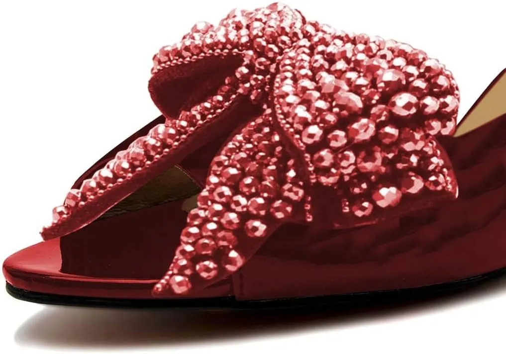 FSJ Women Rhinestone Bow Low Heel Mule Sandals Peep Toe Crystal Block Heel Slipper Shoes for Comfort Wedding Slides Size 4-16 US