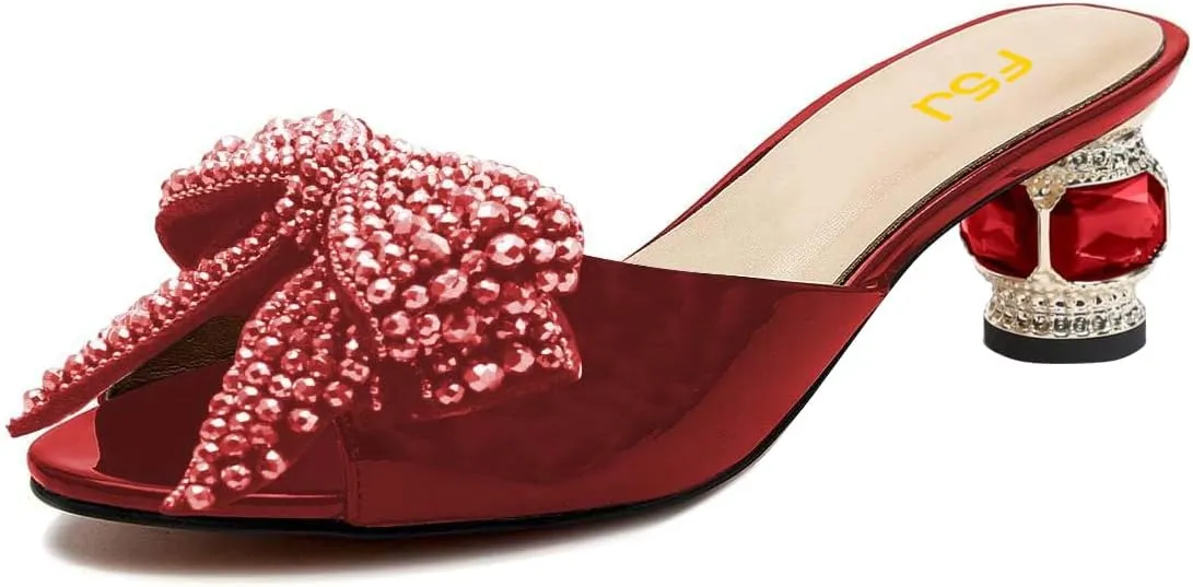 FSJ Women Rhinestone Bow Low Heel Mule Sandals Peep Toe Crystal Block Heel Slipper Shoes for Comfort Wedding Slides Size 4-16 US