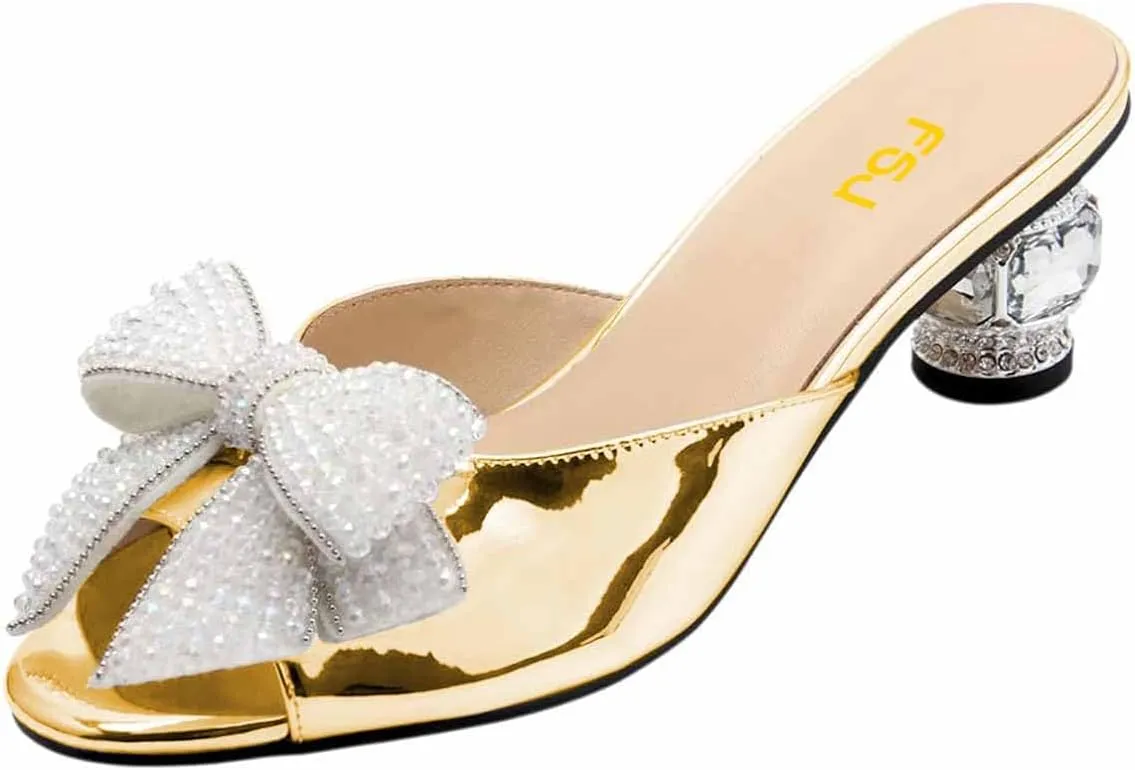 FSJ Women Rhinestone Bow Low Heel Mule Sandals Peep Toe Crystal Block Heel Slipper Shoes for Comfort Wedding Slides Size 4-16 US