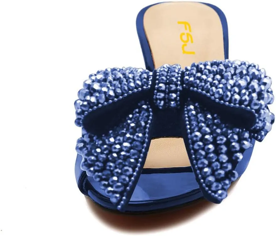 FSJ Women Rhinestone Bow Low Heel Mule Sandals Peep Toe Crystal Block Heel Slipper Shoes for Comfort Wedding Slides Size 4-16 US