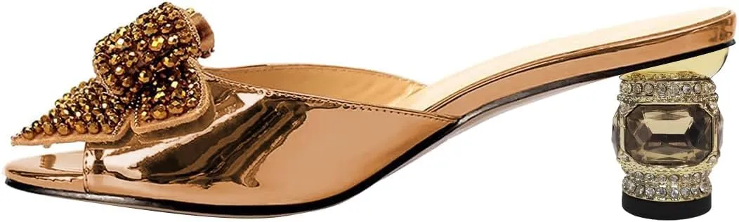 FSJ Women Rhinestone Bow Low Heel Mule Sandals Peep Toe Crystal Block Heel Slipper Shoes for Comfort Wedding Slides Size 4-16 US