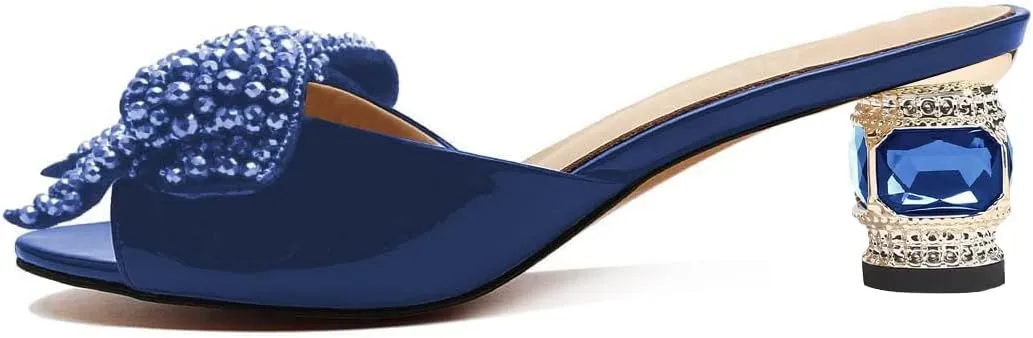 FSJ Women Rhinestone Bow Low Heel Mule Sandals Peep Toe Crystal Block Heel Slipper Shoes for Comfort Wedding Slides Size 4-16 US
