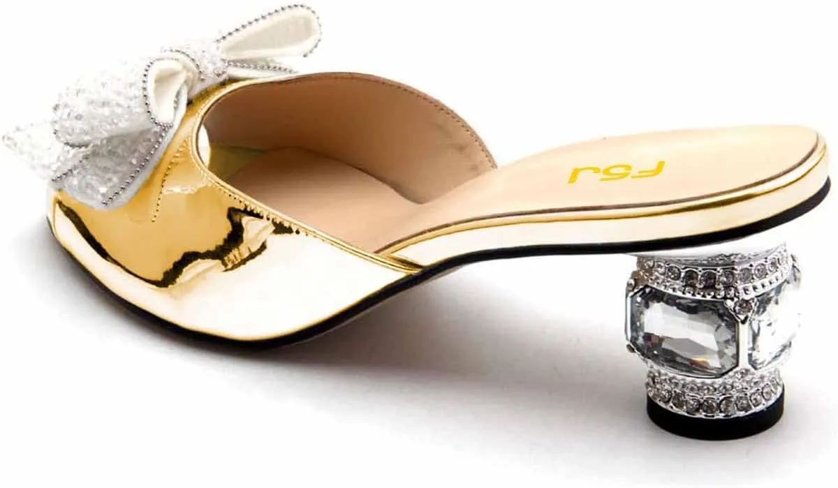 FSJ Women Rhinestone Bow Low Heel Mule Sandals Peep Toe Crystal Block Heel Slipper Shoes for Comfort Wedding Slides Size 4-16 US