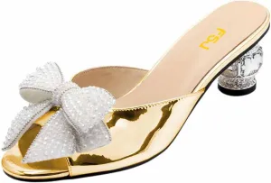 FSJ Women Rhinestone Bow Low Heel Mule Sandals Peep Toe Crystal Block Heel Slipper Shoes for Comfort Wedding Slides Size 4-16 US