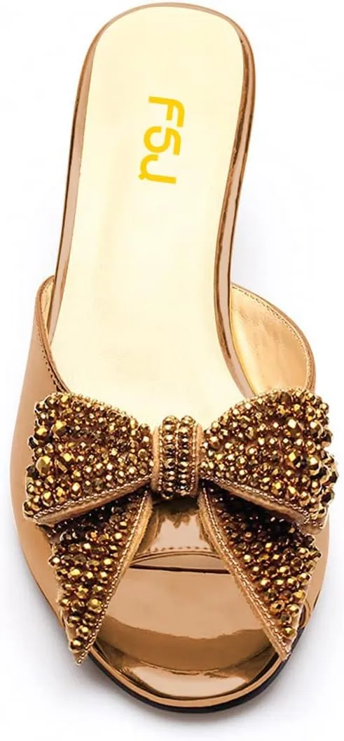 FSJ Women Rhinestone Bow Low Heel Mule Sandals Peep Toe Crystal Block Heel Slipper Shoes for Comfort Wedding Slides Size 4-16 US