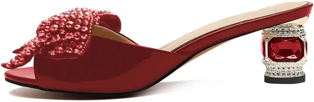 FSJ Women Rhinestone Bow Low Heel Mule Sandals Peep Toe Crystal Block Heel Slipper Shoes for Comfort Wedding Slides Size 4-16 US