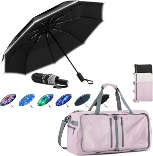 G4Free 65L Foldable Duffle Bag with Shoe Compartment for Travel and 42 Inch Strongest Windproof Travel Umbrella for Rain Sun, ECO Double canopy with Reflective strip Automatic for Car