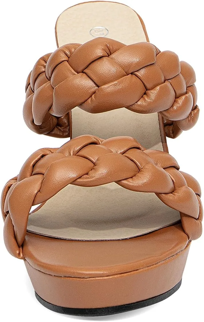 GATUXUS Women's Block High Heels Mule Sandals Round Toe Slip on Braided Strap Platform Dress Shoes