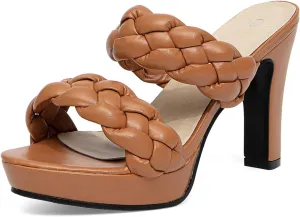 GATUXUS Women's Block High Heels Mule Sandals Round Toe Slip on Braided Strap Platform Dress Shoes