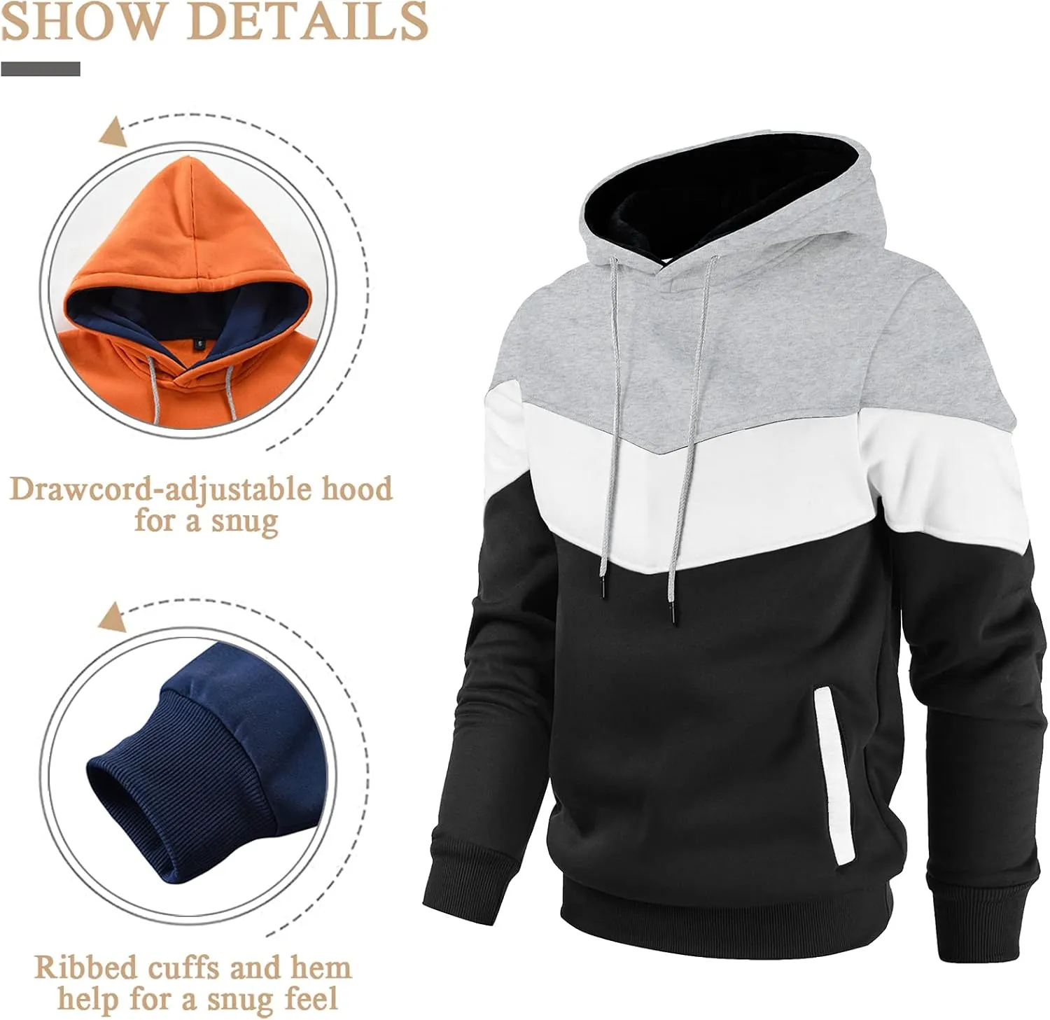 Gesean Men's Novelty Color Block Pullover Fleece Hoodie Long Sleeve Casual Sweatshirt with Pocket