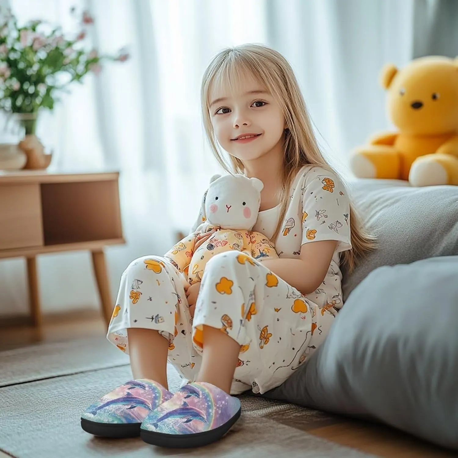 Girls Plush House Slippers Soft Comfort Slippers Warm Lightweight Home Shoes Non Slip Bedroom Shoes Cute Print Slippers Washable for Indoor Outdoor US 9-15