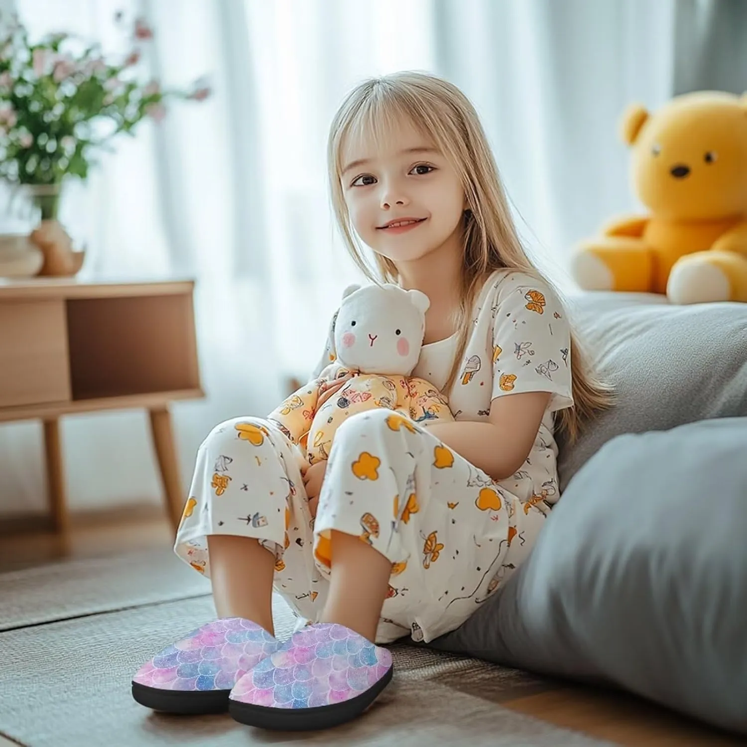Girls Plush House Slippers Soft Comfort Slippers Warm Lightweight Home Shoes Non Slip Bedroom Shoes Cute Print Slippers Washable for Indoor Outdoor US 9-15