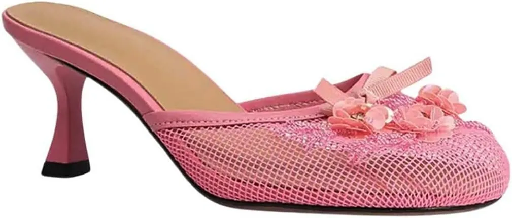 Goolita Summer Flower Beaded Mesh Mule Heels For Women, Closed Round Toe Slingback Kitten Heels Backless Slip On Party Evening Shoes