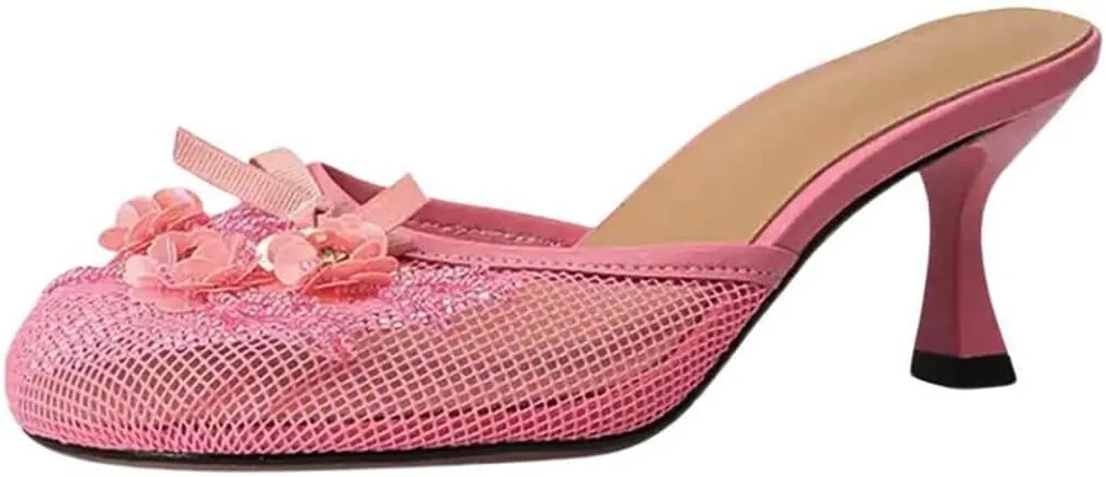 Goolita Summer Flower Beaded Mesh Mule Heels For Women, Closed Round Toe Slingback Kitten Heels Backless Slip On Party Evening Shoes