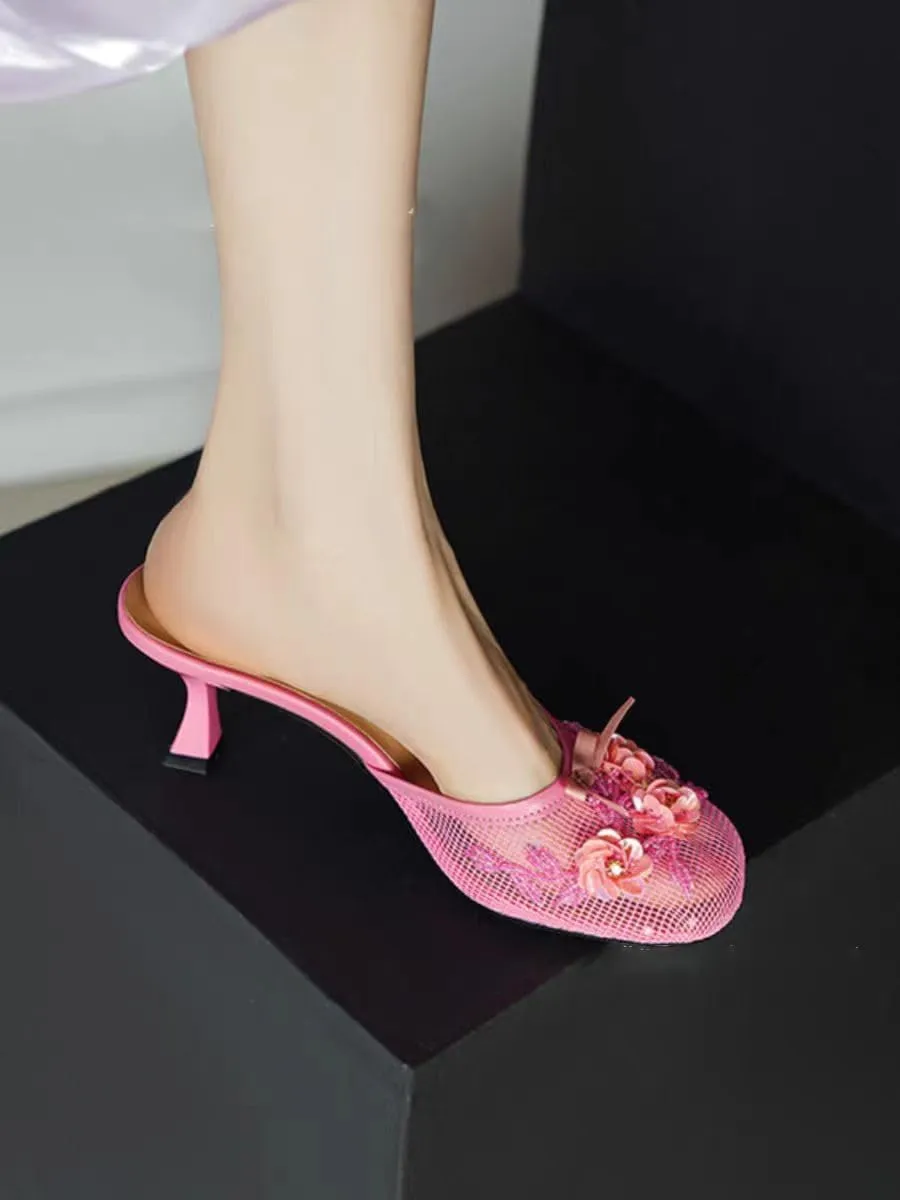 Goolita Summer Flower Beaded Mesh Mule Heels For Women, Closed Round Toe Slingback Kitten Heels Backless Slip On Party Evening Shoes
