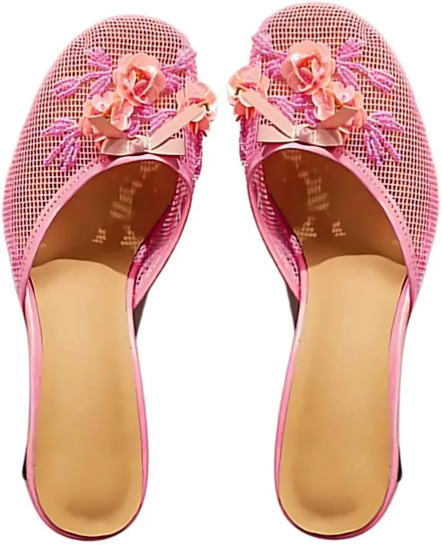 Goolita Summer Flower Beaded Mesh Mule Heels For Women, Closed Round Toe Slingback Kitten Heels Backless Slip On Party Evening Shoes