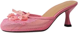 Goolita Summer Flower Beaded Mesh Mule Heels For Women, Closed Round Toe Slingback Kitten Heels Backless Slip On Party Evening Shoes