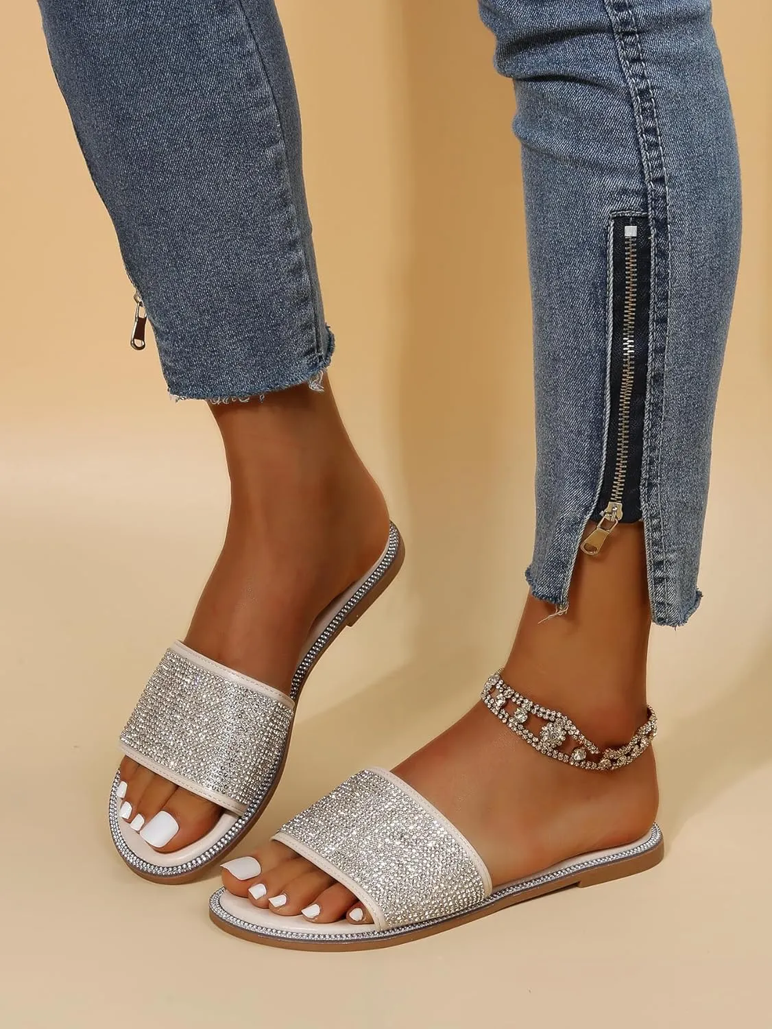 GORGLITTER Rhinestone Sparkly Sandals Dressy Slip on Summer Casual Fancy Flat Sandals Glitter Open Toe Slides