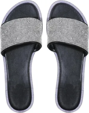 GORGLITTER Rhinestone Sparkly Sandals Dressy Slip on Summer Casual Fancy Flat Sandals Glitter Open Toe Slides