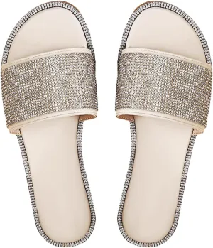 GORGLITTER Rhinestone Sparkly Sandals Dressy Slip on Summer Casual Fancy Flat Sandals Glitter Open Toe Slides