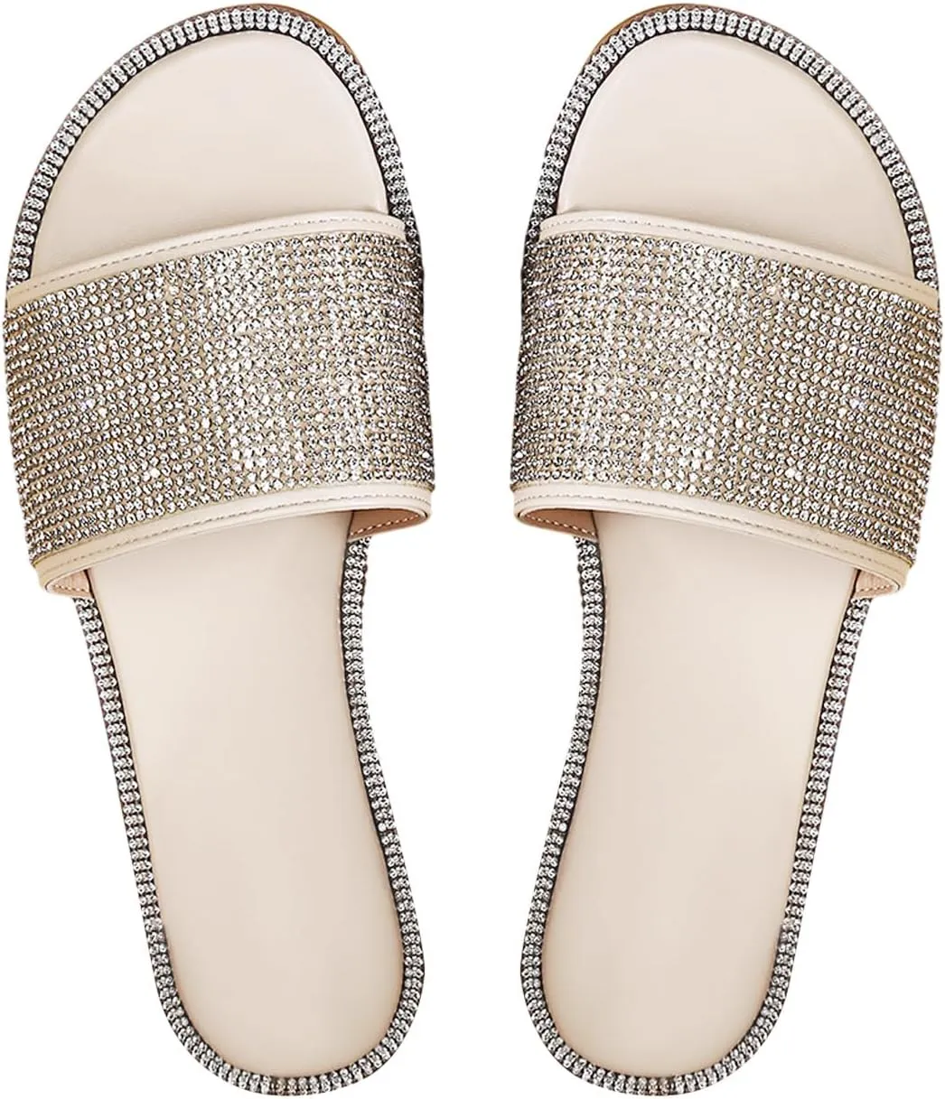 GORGLITTER Rhinestone Sparkly Sandals Dressy Slip on Summer Casual Fancy Flat Sandals Glitter Open Toe Slides