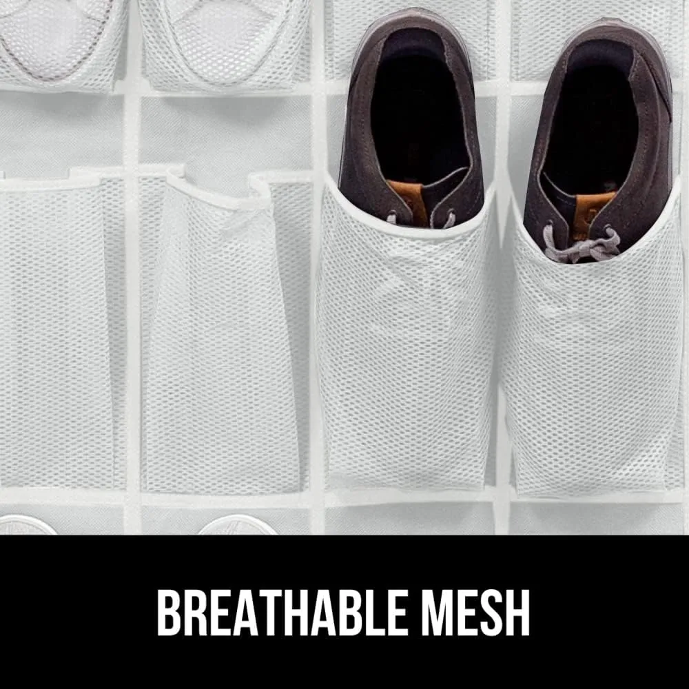 GORILLA GRIP Over the Door Shoe Organizer, 24 Large Breathable Mesh Pockets, Space Saving Hanging Storage Holder, Closet Rack Hanger Holds Up to 40 lbs, Hangs on Closets for Shoes, Accessories, White
