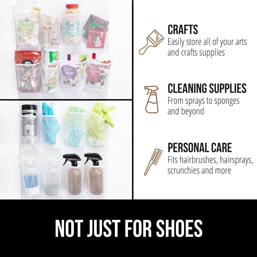 GORILLA GRIP Over the Door Shoe Organizer, 24 Large Breathable Mesh Pockets, Space Saving Hanging Storage Holder, Closet Rack Hanger Holds Up to 40 lbs, Hangs on Closets for Shoes, Accessories, White