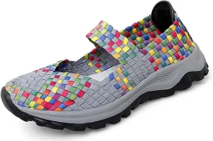GOSPT Women's Elastic Woven Walking Shoes Mary Jane Flats Slip on Sneakers