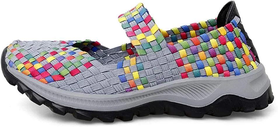 GOSPT Women's Elastic Woven Walking Shoes Mary Jane Flats Slip on Sneakers