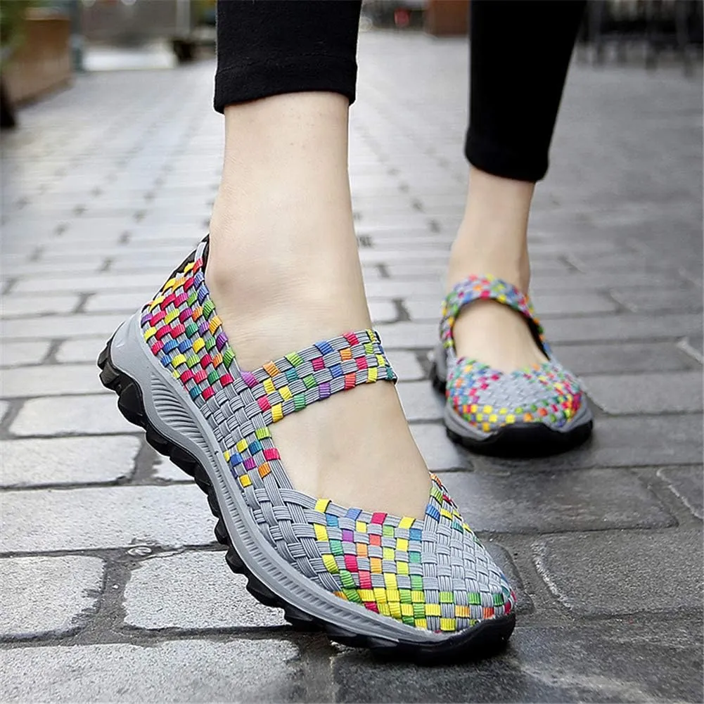 GOSPT Women's Elastic Woven Walking Shoes Mary Jane Flats Slip on Sneakers