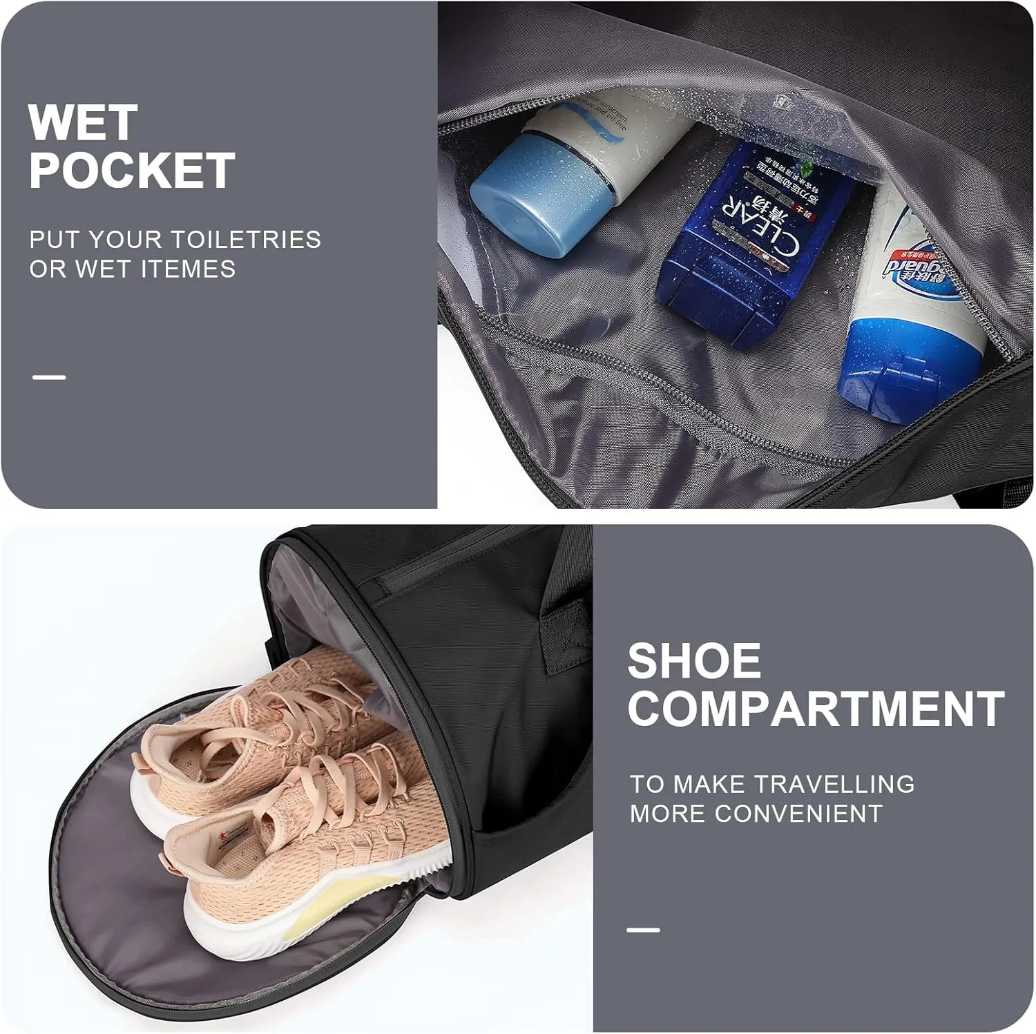 Gym Bag for Women & Men with Wet & Shoe Compartment - Small Duffle Bag for Travel, Sport, Gym, Workout & Overnight Use - Black