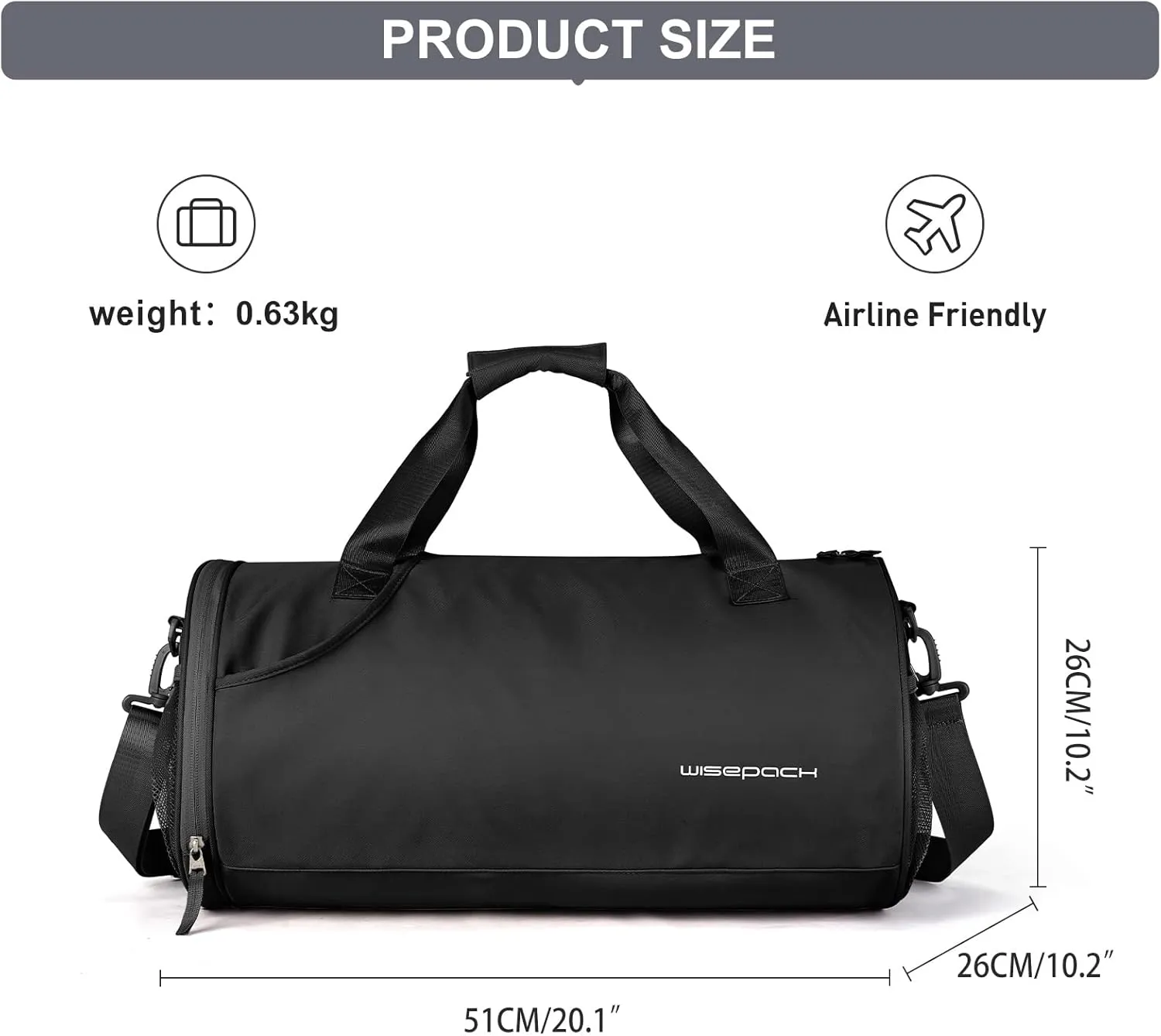 Gym Bag for Women & Men with Wet & Shoe Compartment - Small Duffle Bag for Travel, Sport, Gym, Workout & Overnight Use - Black