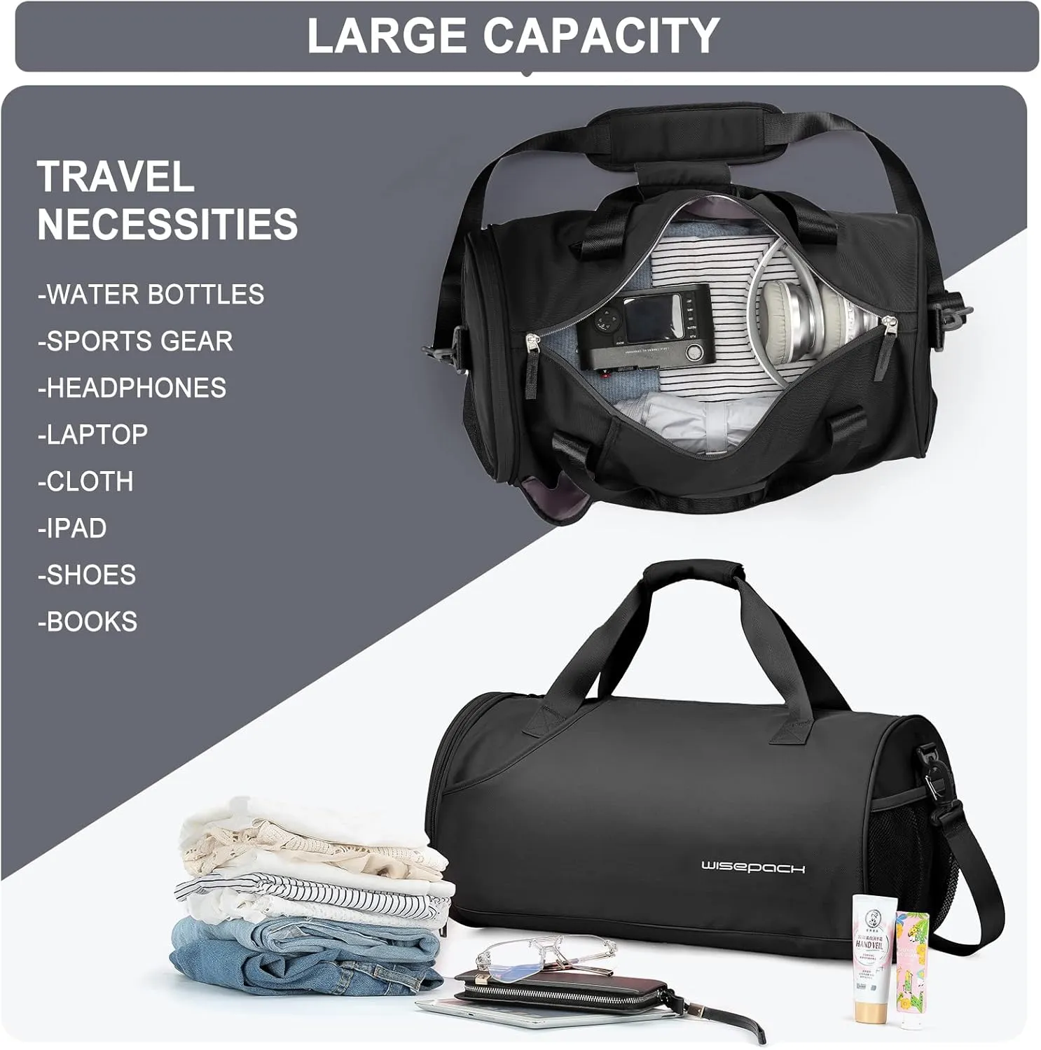 Gym Bag for Women & Men with Wet & Shoe Compartment - Small Duffle Bag for Travel, Sport, Gym, Workout & Overnight Use - Black
