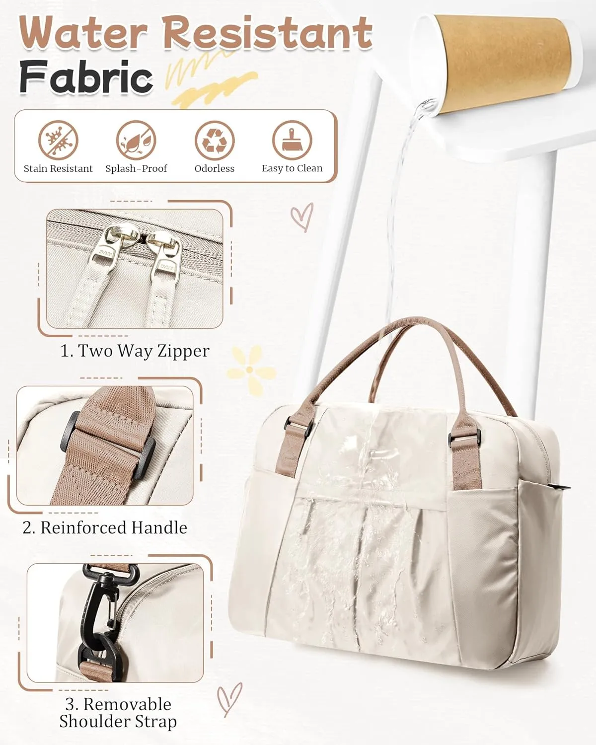 Gym Bag for Women, Large Travel Duffel Carry on Bag with Trolley Sleeve, Waterproof Weekender Bags with Shoe Compartment, Workout Overnight with Dry Wet Separated Pocket, Beige