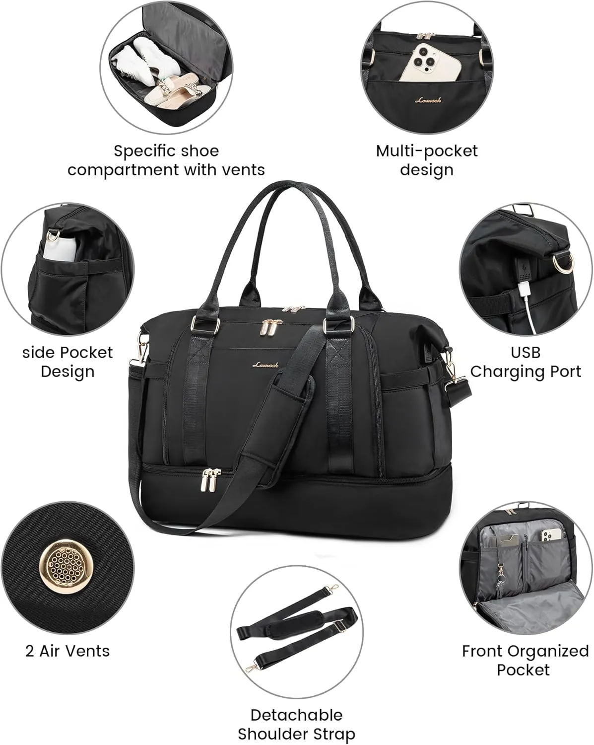 Gym Bag LOVEVOOK Travel Duffel Bag with USB Charging Port,Weekender Bags for Women with Shoe Compartment,Carry on Overnight Bag with Toiletry Bag,Hospital Bags for Labor and Deliver