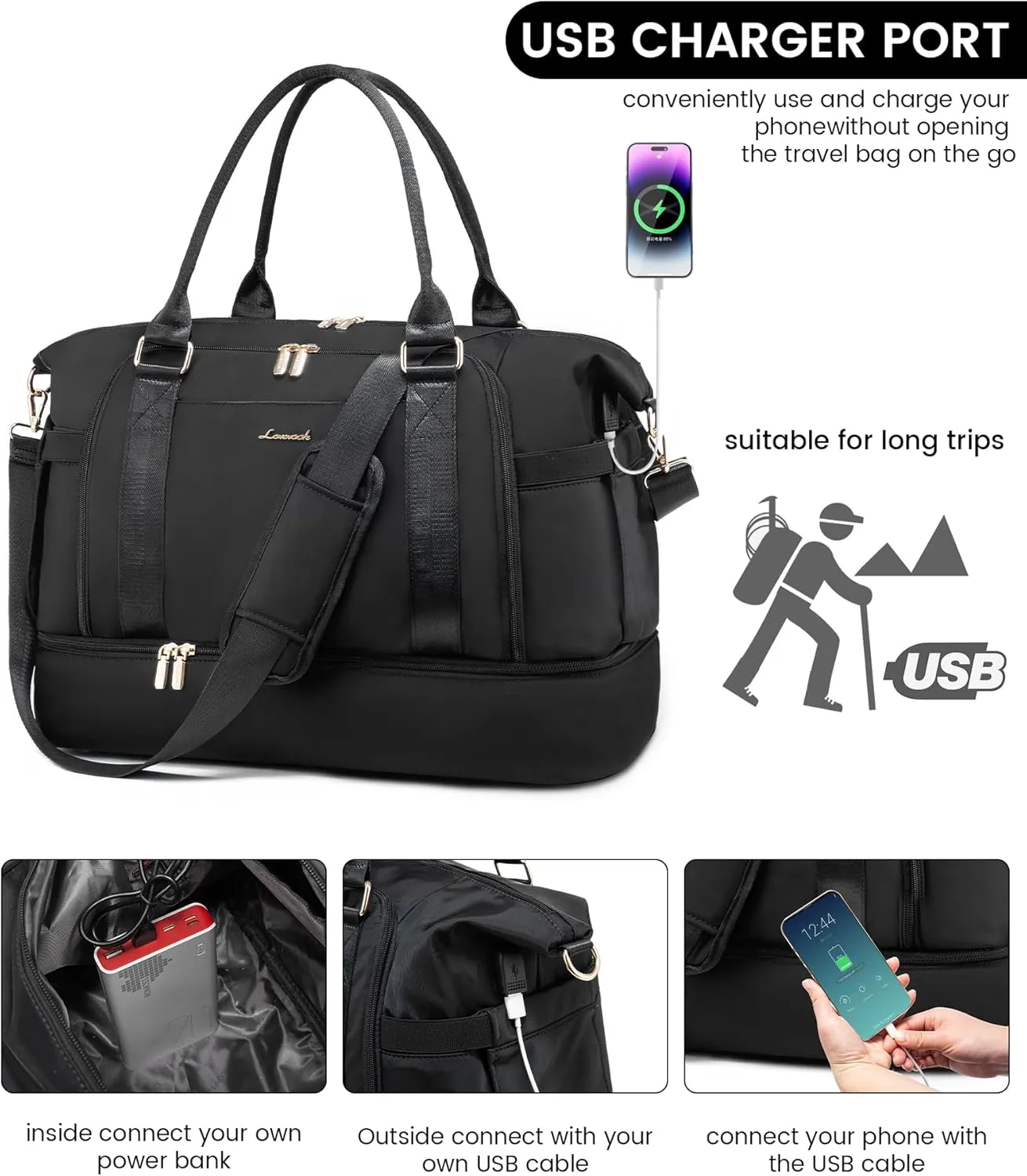 Gym Bag LOVEVOOK Travel Duffel Bag with USB Charging Port,Weekender Bags for Women with Shoe Compartment,Carry on Overnight Bag with Toiletry Bag,Hospital Bags for Labor and Deliver